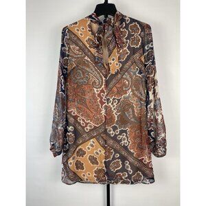 Meghan Los Angeles Dress Brown Floral Paisley Long Sleeve Mini V-Neck Size S‎